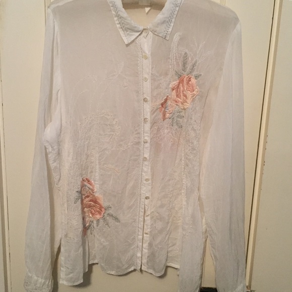 Johnny Was White XL 100% Rayon NWOT Peach and Coral Floral Ties at Cuffs - Picture 2 of 10